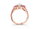 Rose gold Three-Stone Pear Cut Diamond Ring with Round with Pink Sapphire side stone Pavé Band and Prong Setting_3