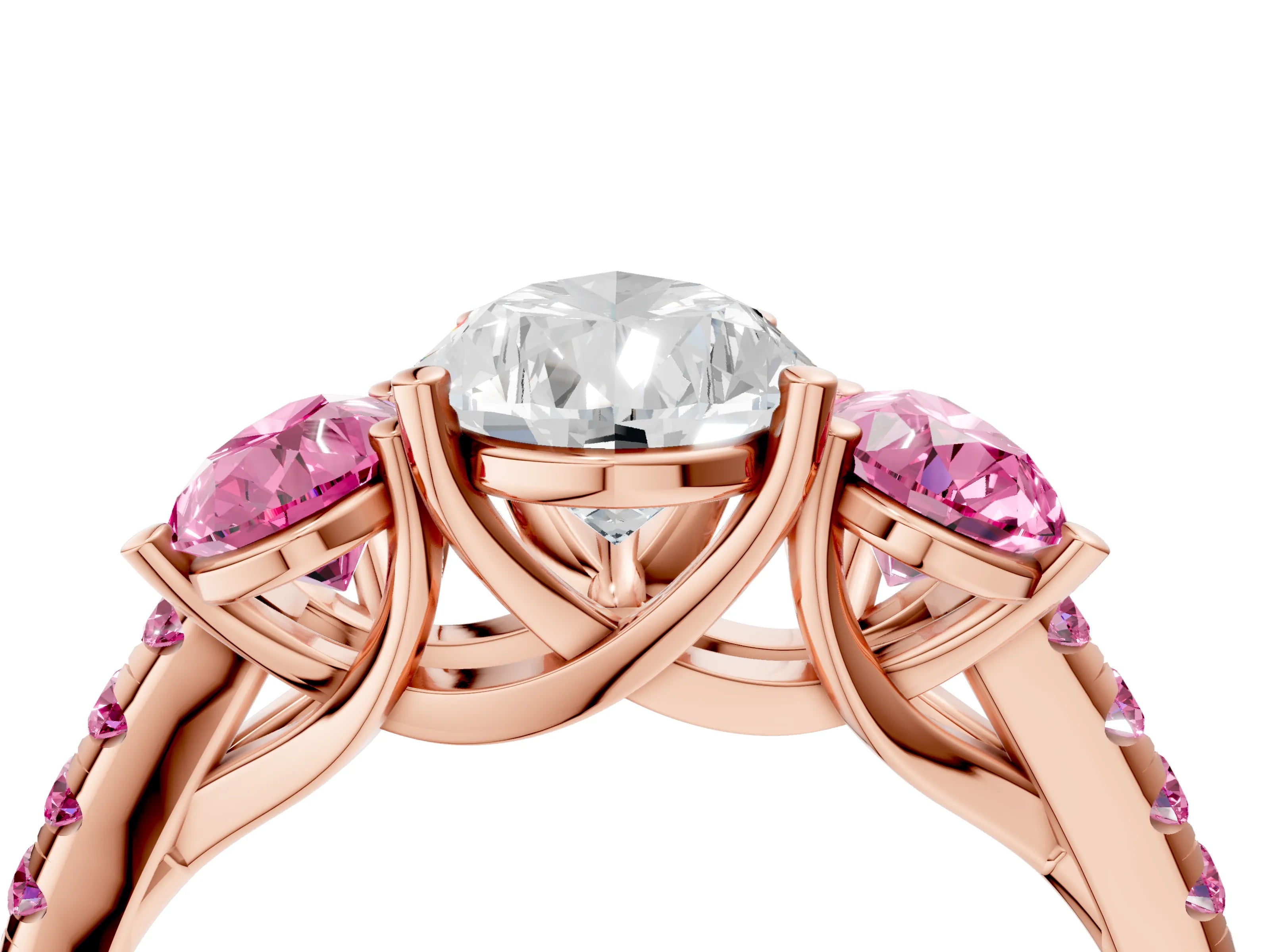 Rose gold Three-Stone Pear Cut Diamond Ring with Round with Pink Sapphire side stone Pavé Band and Prong Setting_4