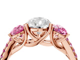 Rose gold Three-Stone Pear Cut Diamond Ring with Round with Pink Sapphire side stone Pavé Band and Prong Setting_4