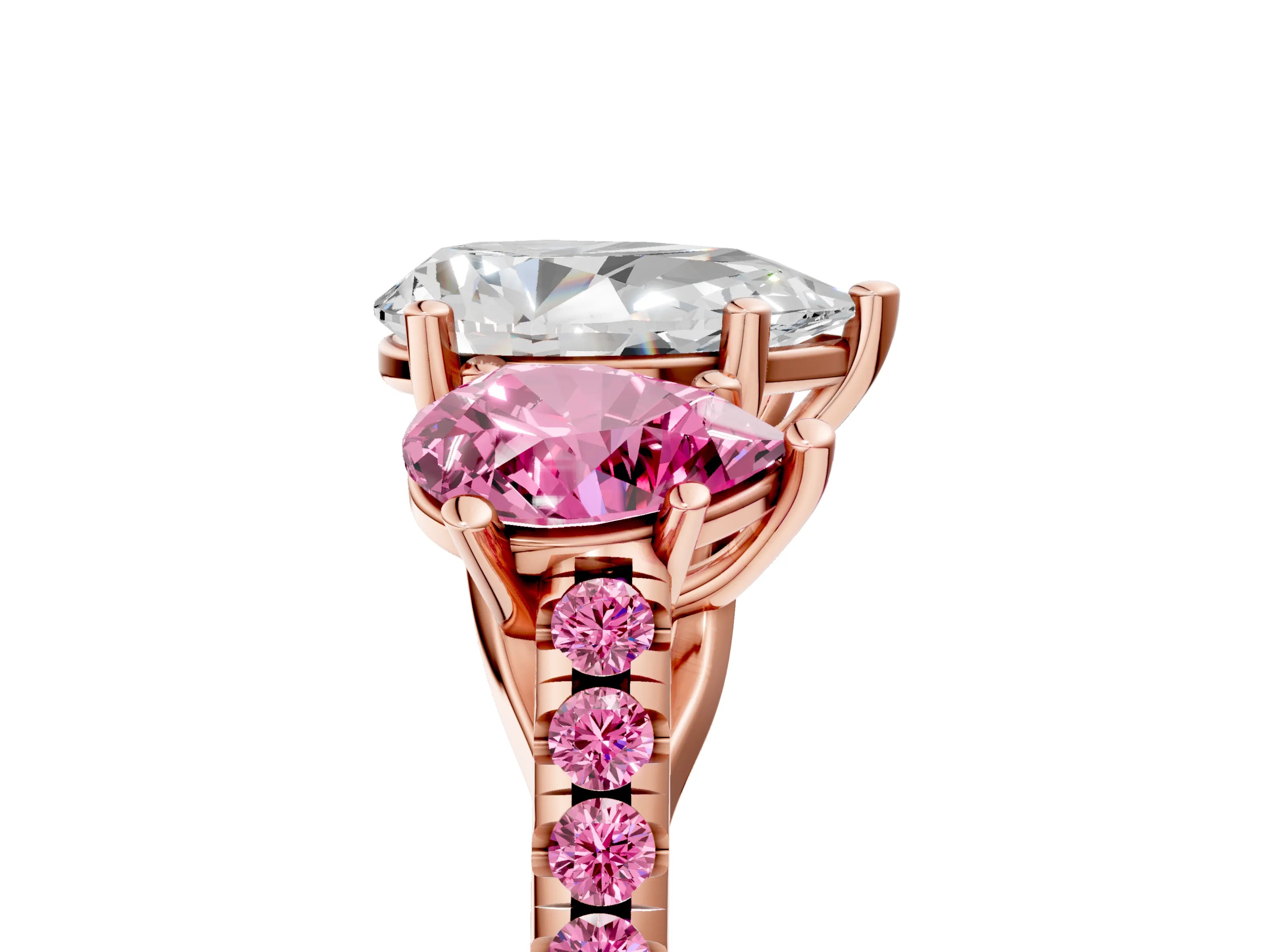 Rose gold Three-Stone Pear Cut Diamond Ring with Round with Pink Sapphire side stone Pavé Band and Prong Setting_5
