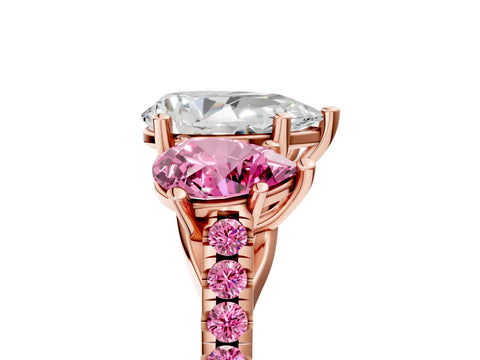 Rose gold Three-Stone Pear Cut Diamond Ring with Round with Pink Sapphire side stone Pavé Band and Prong Setting_5