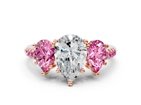 Rose gold Three-Stone Pear Cut Diamond Ring with Round with Pink Sapphire side stone Pavé Band and Prong Setting