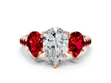 Rose gold Three-Stone Pear Cut Diamond Ring with Round with Ruby side stone Pavé Band and Prong Setting