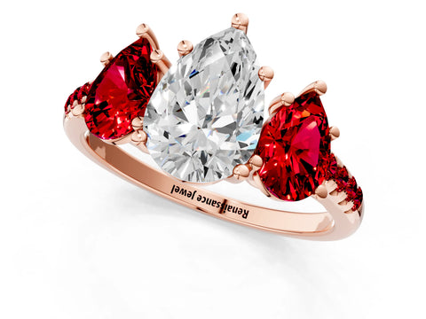 Rose gold Three-Stone Pear Cut Diamond Ring with Round with Ruby side stone Pavé Band and Prong Setting_1