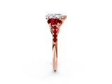 Rose gold Three-Stone Pear Cut Diamond Ring with Round with Ruby side stone Pavé Band and Prong Setting_2