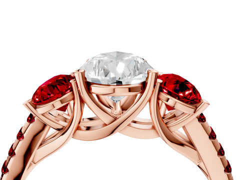 Rose gold Three-Stone Pear Cut Diamond Ring with Round with Ruby side stone Pavé Band and Prong Setting_4