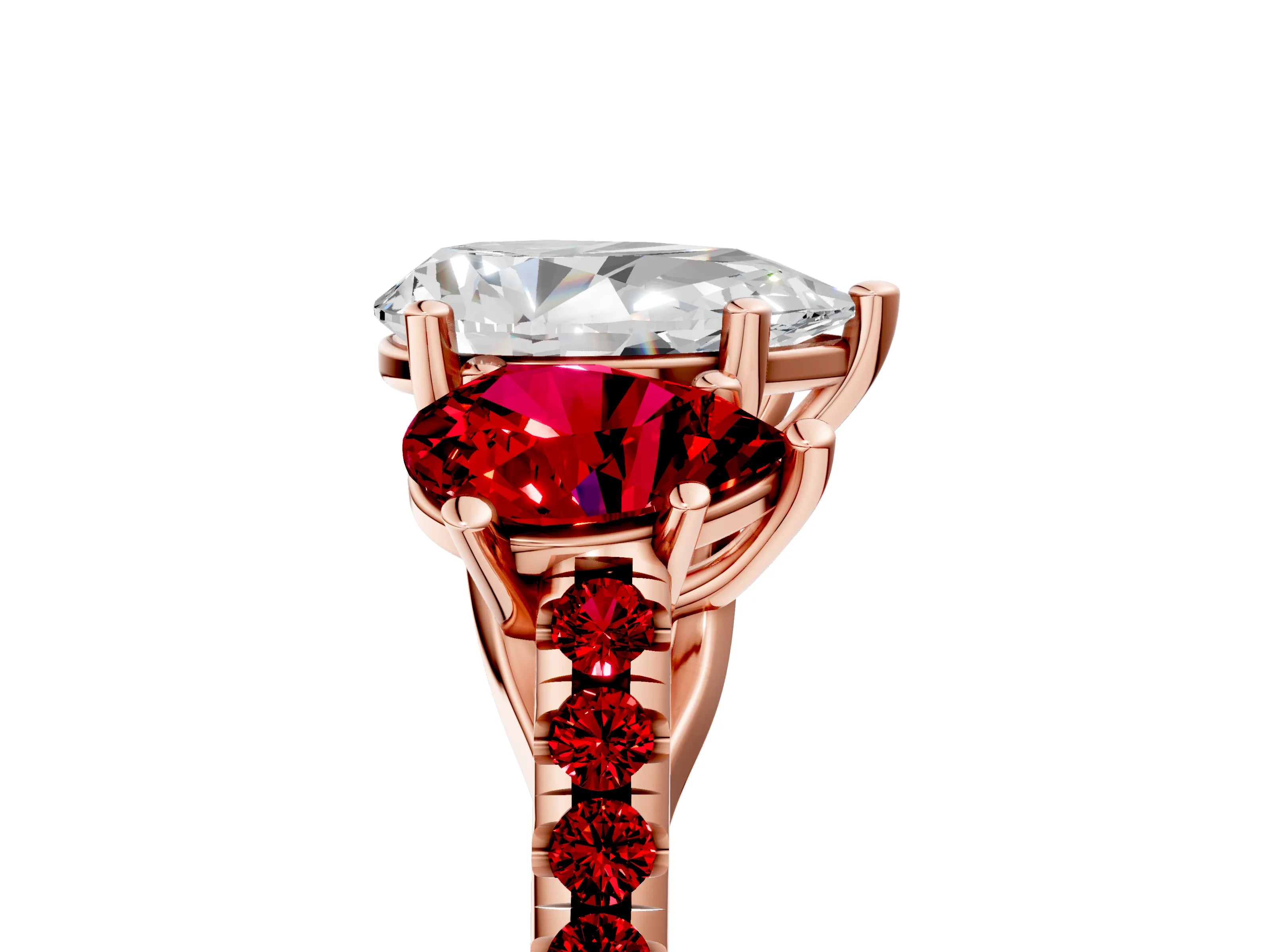 Rose gold Three-Stone Pear Cut Diamond Ring with Round with Ruby side stone Pavé Band and Prong Setting_5