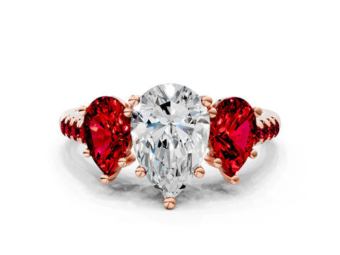 Rose gold Three-Stone Pear Cut Diamond Ring with Round with Ruby side stone Pavé Band and Prong Setting
