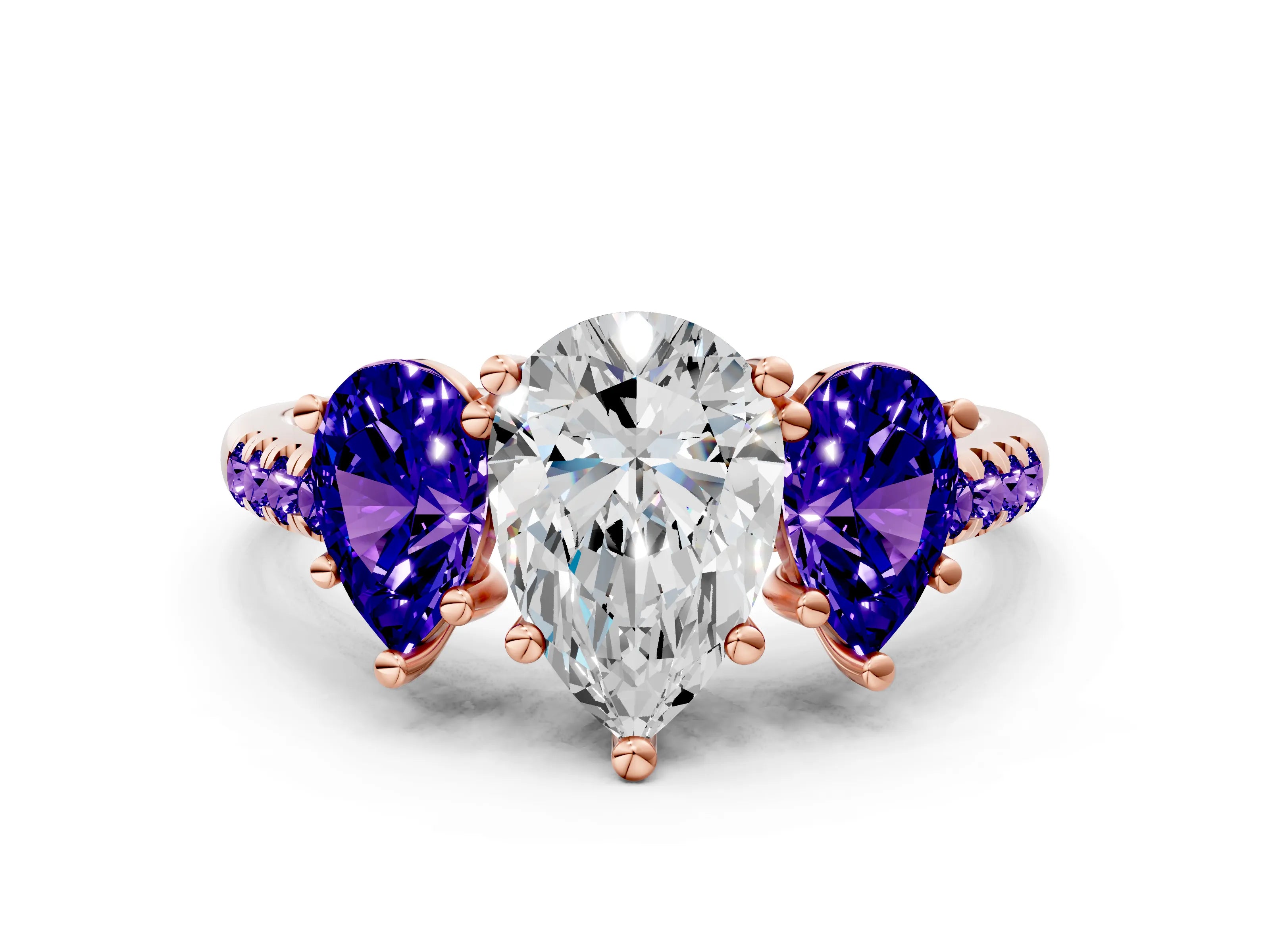 Rose gold Three-Stone Pear Cut Diamond Ring with Round with Tanzanite side stone Pavé Band and Prong Setting