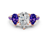 Rose gold Three-Stone Pear Cut Diamond Ring with Round with Tanzanite side stone Pavé Band and Prong Setting