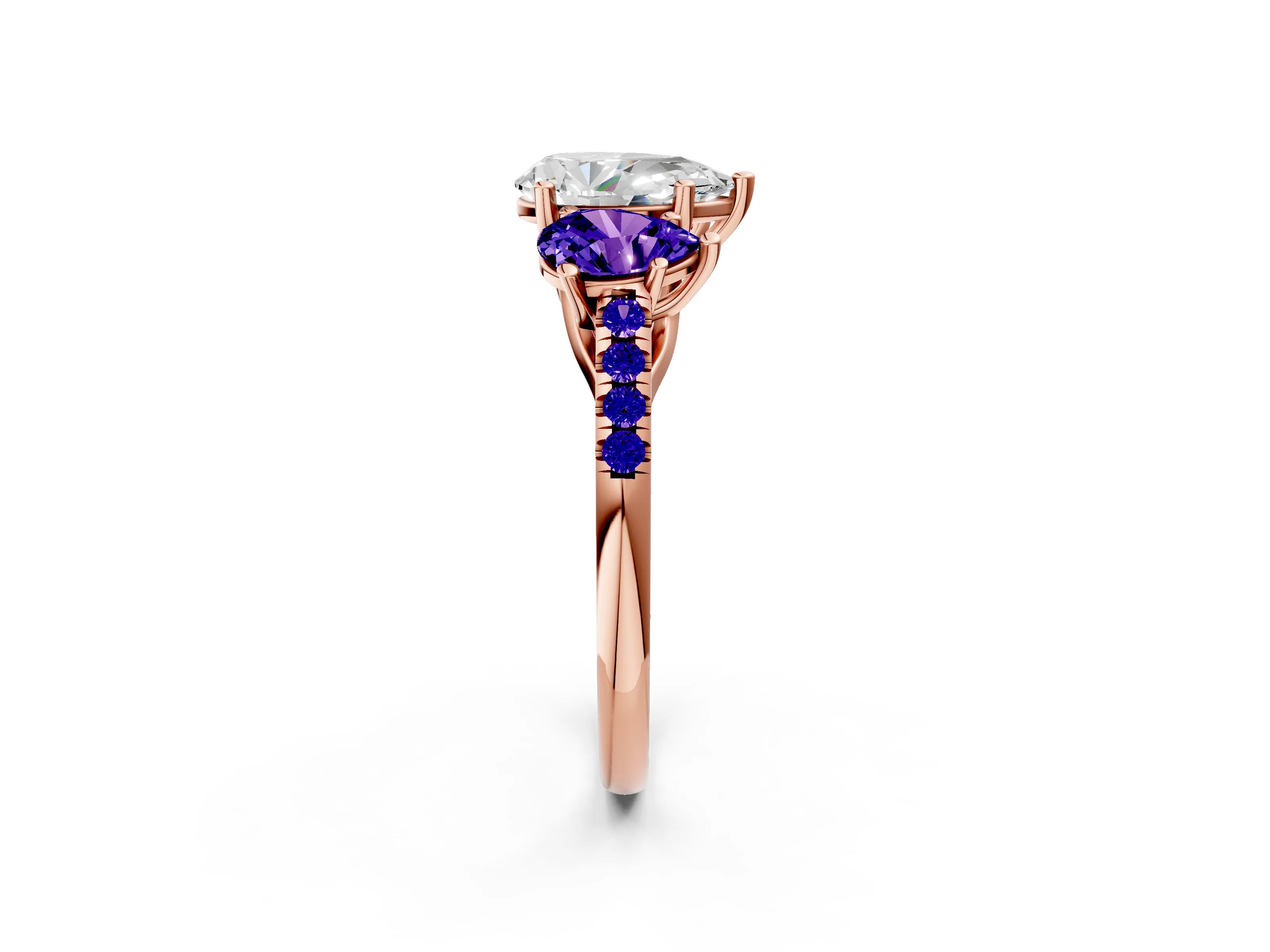 Rose gold Three-Stone Pear Cut Diamond Ring with Round with Tanzanite side stone Pavé Band and Prong Setting_2