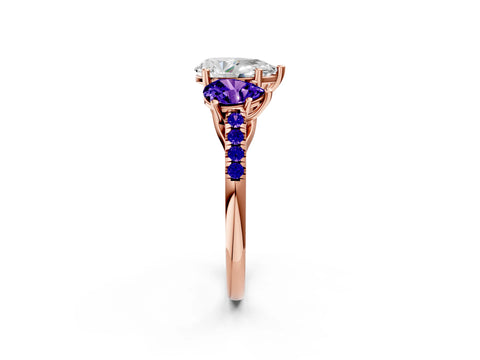Rose gold Three-Stone Pear Cut Diamond Ring with Round with Tanzanite side stone Pavé Band and Prong Setting_2