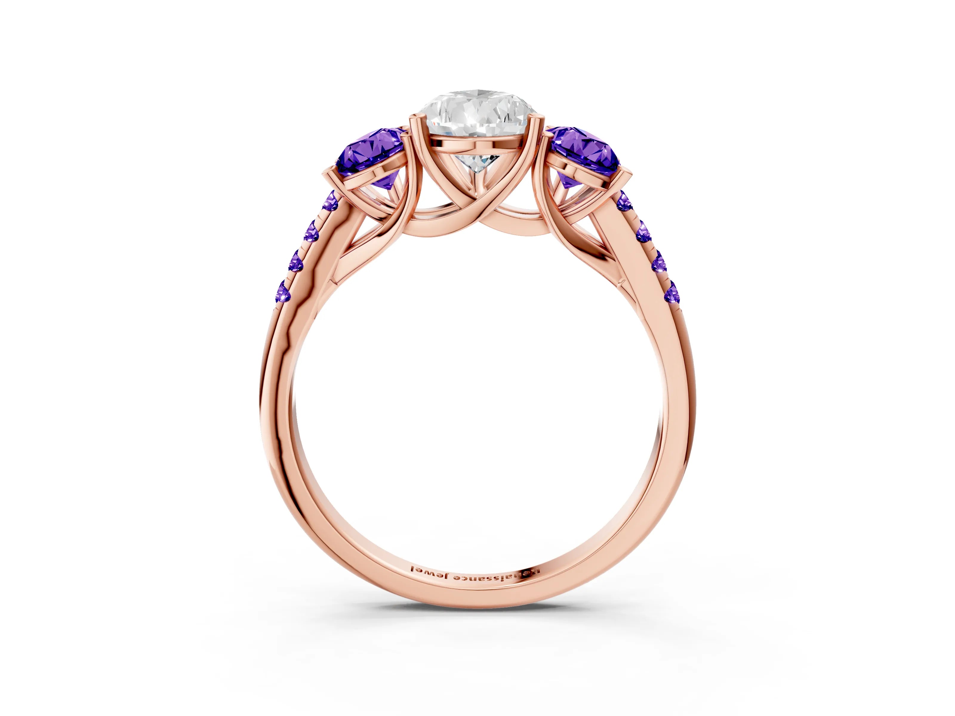 Rose gold Three-Stone Pear Cut Diamond Ring with Round with Tanzanite side stone Pavé Band and Prong Setting_3