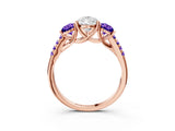 Rose gold Three-Stone Pear Cut Diamond Ring with Round with Tanzanite side stone Pavé Band and Prong Setting_3
