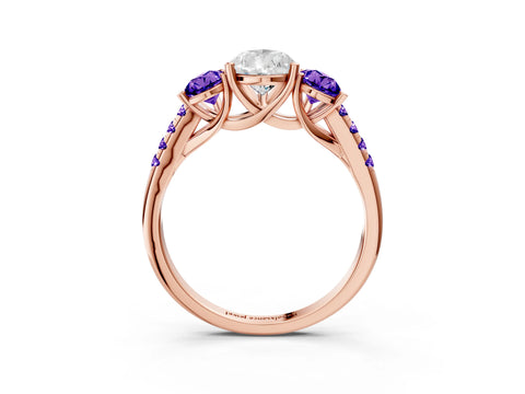 Rose gold Three-Stone Pear Cut Diamond Ring with Round with Tanzanite side stone Pavé Band and Prong Setting_3