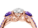 Rose gold Three-Stone Pear Cut Diamond Ring with Round with Tanzanite side stone Pavé Band and Prong Setting_4