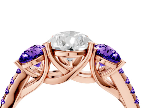 Rose gold Three-Stone Pear Cut Diamond Ring with Round with Tanzanite side stone Pavé Band and Prong Setting_4