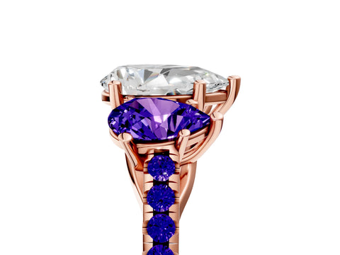 Rose gold Three-Stone Pear Cut Diamond Ring with Round with Tanzanite side stone Pavé Band and Prong Setting_5