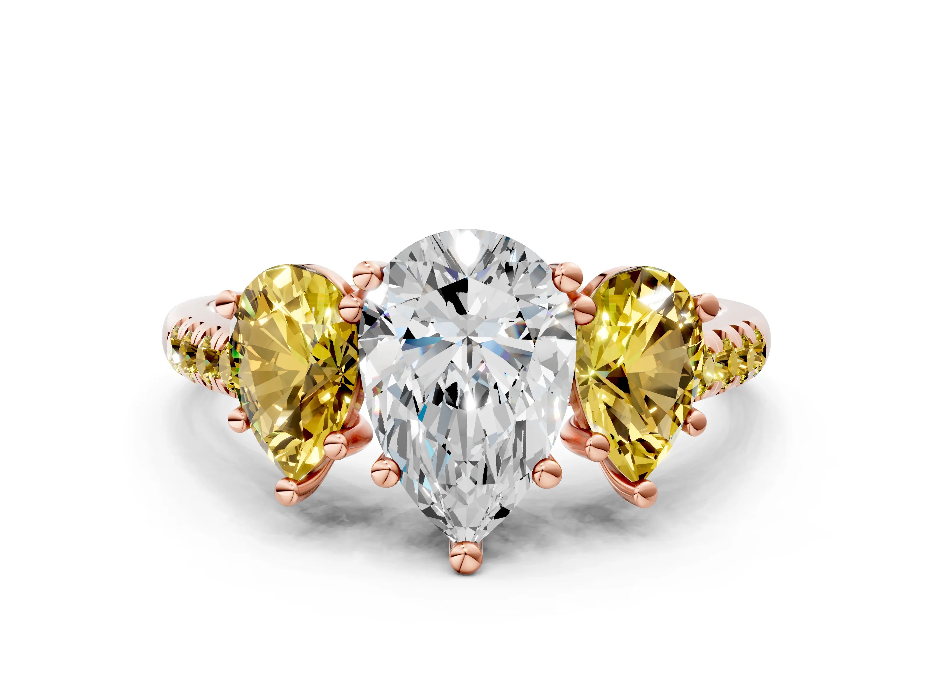 Rose gold Three-Stone Pear Cut Diamond Ring with Round with Yellow Sapphire side stone Pavé Band and Prong Setting