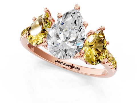 Rose gold Three-Stone Pear Cut Diamond Ring with Round with Yellow Sapphire side stone Pavé Band and Prong Setting_1