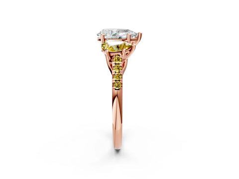 Rose gold Three-Stone Pear Cut Diamond Ring with Round with Yellow Sapphire side stone Pavé Band and Prong Setting_2