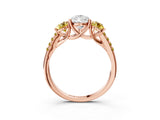 Rose gold Three-Stone Pear Cut Diamond Ring with Round with Yellow Sapphire side stone Pavé Band and Prong Setting_3