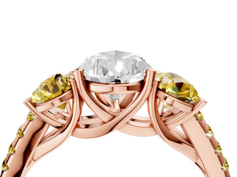 Rose gold Three-Stone Pear Cut Diamond Ring with Round with Yellow Sapphire side stone Pavé Band and Prong Setting_4