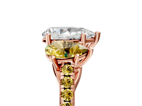 Rose gold Three-Stone Pear Cut Diamond Ring with Round with Yellow Sapphire side stone Pavé Band and Prong Setting_5