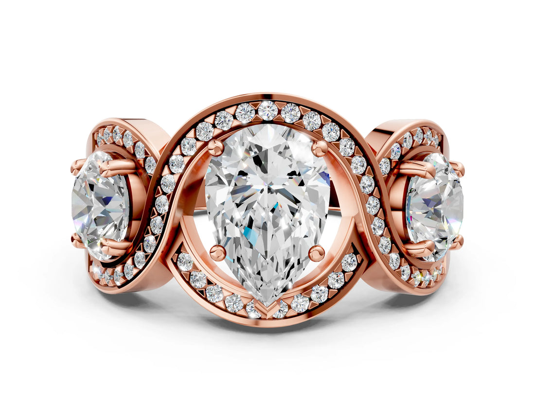 Rose gold Three-Stone Pear Cut Diamond Wave Pave Band with Prong Setting_15