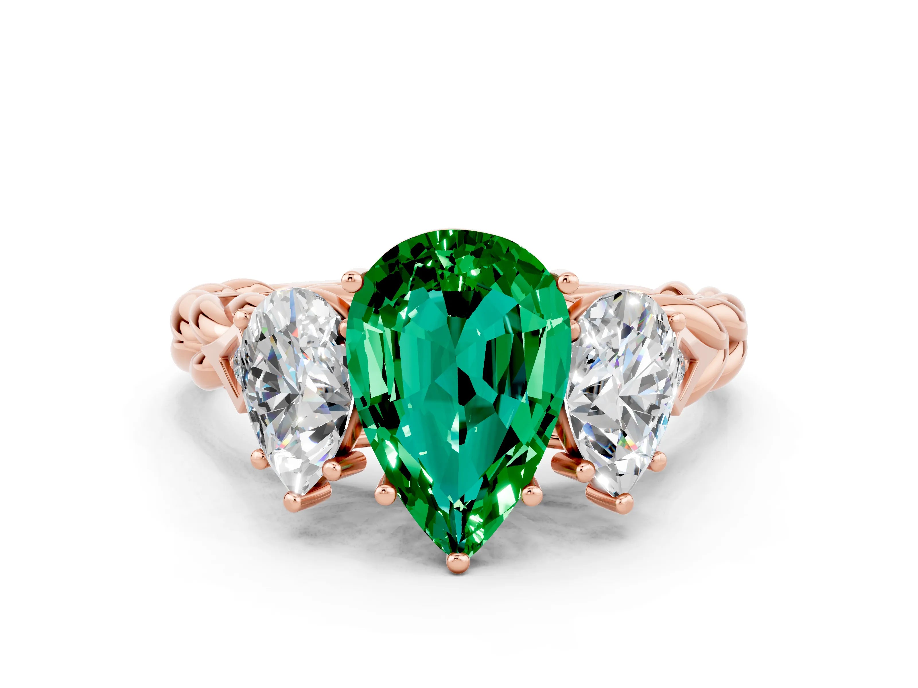 Rose gold Three-Stone Pear Cut Emerald Braided Band Ring with Four-Prong Setting_12