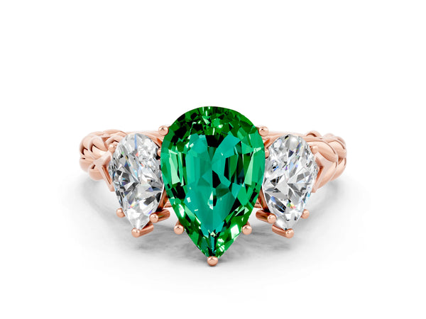 Rose gold Three-Stone Pear Cut Emerald Braided Band Ring with Four-Prong Setting
