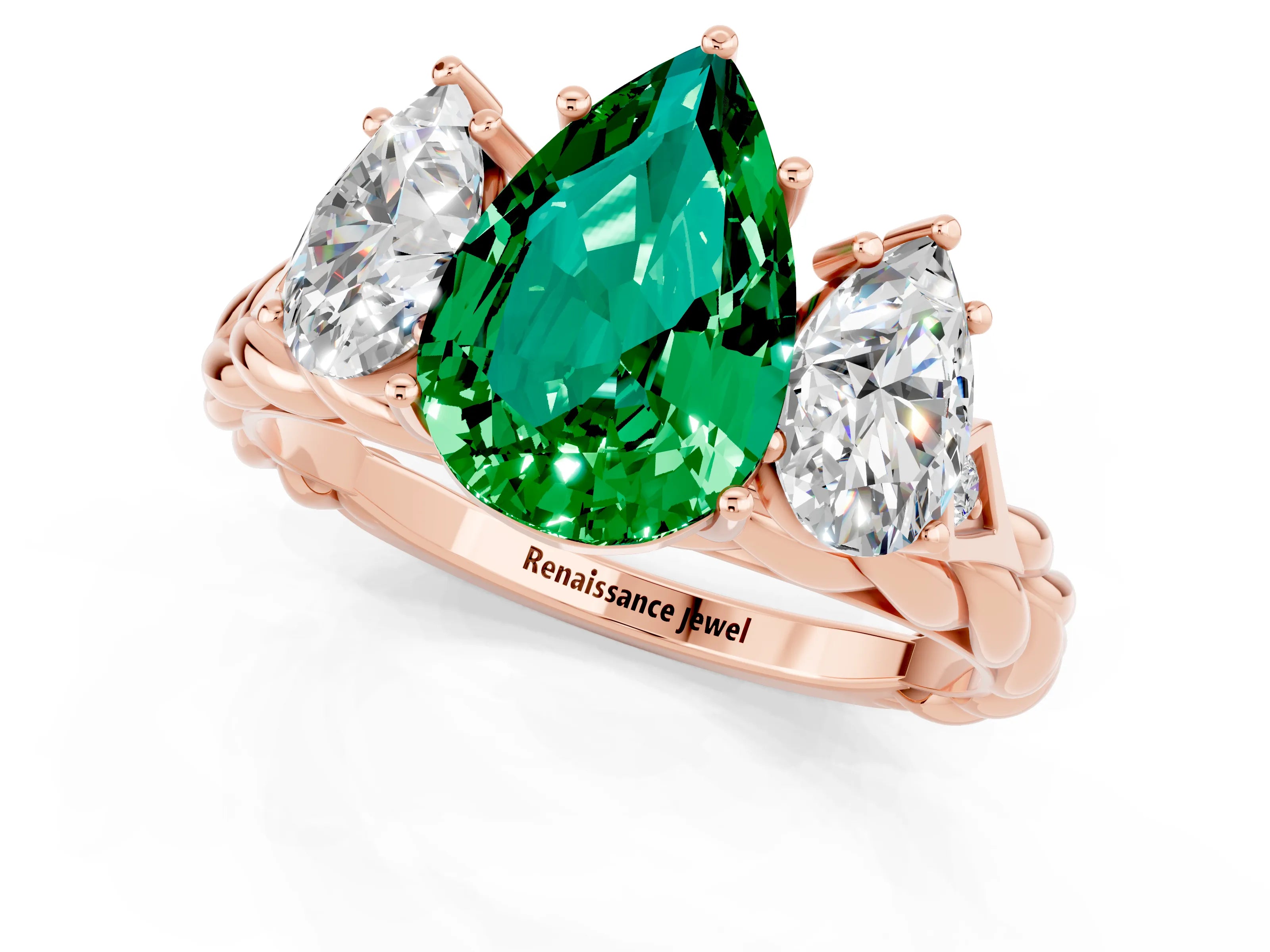 Rose gold Three-Stone Pear Cut Emerald Braided Band Ring with Four-Prong Setting_13