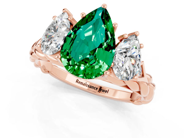 Rose gold Three-Stone Pear Cut Emerald Braided Band Ring with Four-Prong Setting