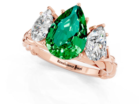 Rose gold Three-Stone Pear Cut Emerald Braided Band Ring with Four-Prong Setting_13