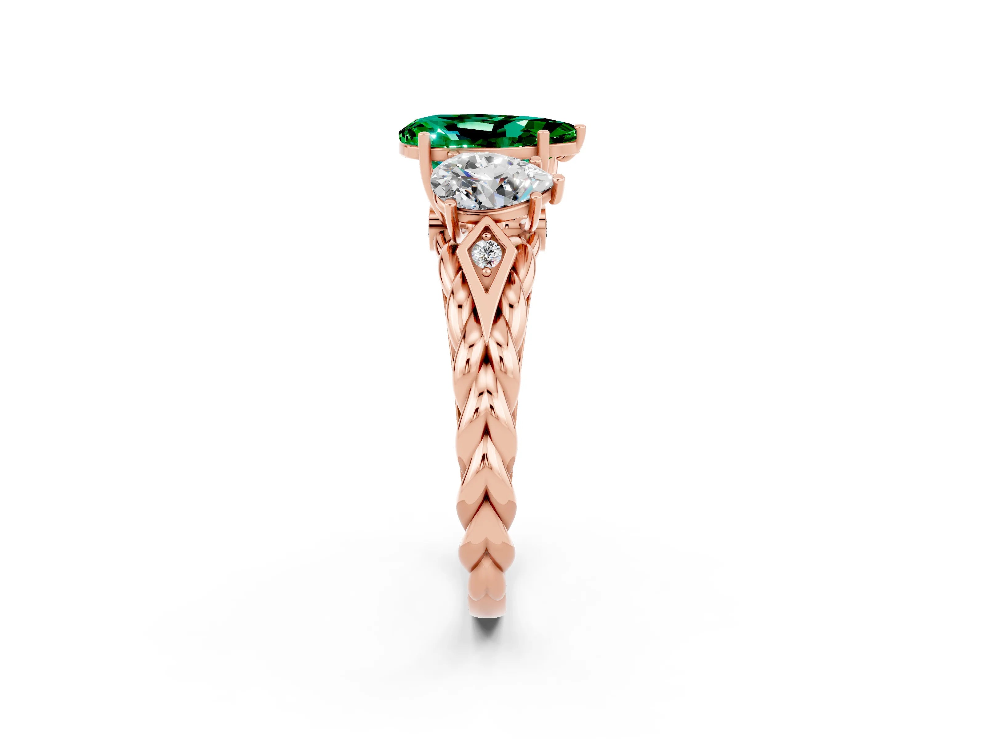 Rose gold Three-Stone Pear Cut Emerald Braided Band Ring with Four-Prong Setting_14