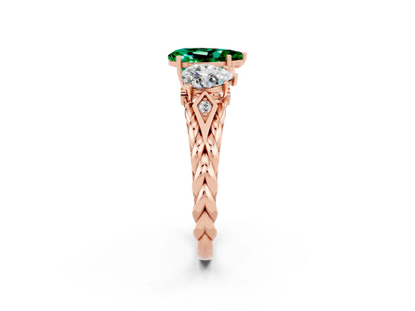 Rose gold Three-Stone Pear Cut Emerald Braided Band Ring with Four-Prong Setting