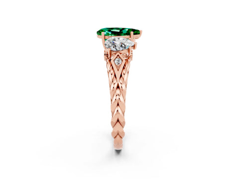 Rose gold Three-Stone Pear Cut Emerald Braided Band Ring with Four-Prong Setting_14
