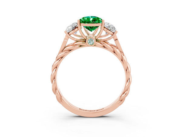 Rose gold Three-Stone Pear Cut Emerald Braided Band Ring with Four-Prong Setting
