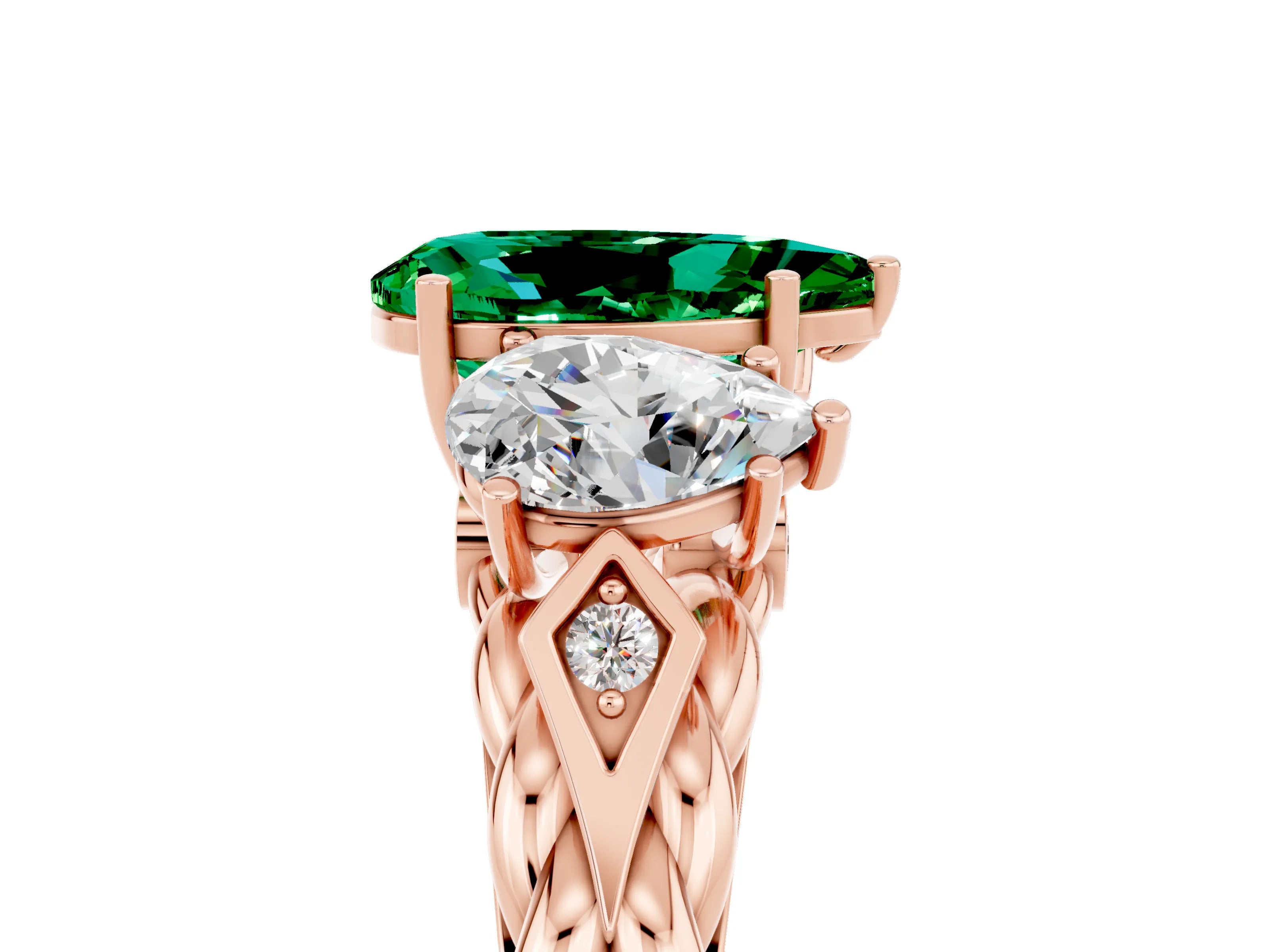 Rose gold Three-Stone Pear Cut Emerald Braided Band Ring with Four-Prong Setting_17