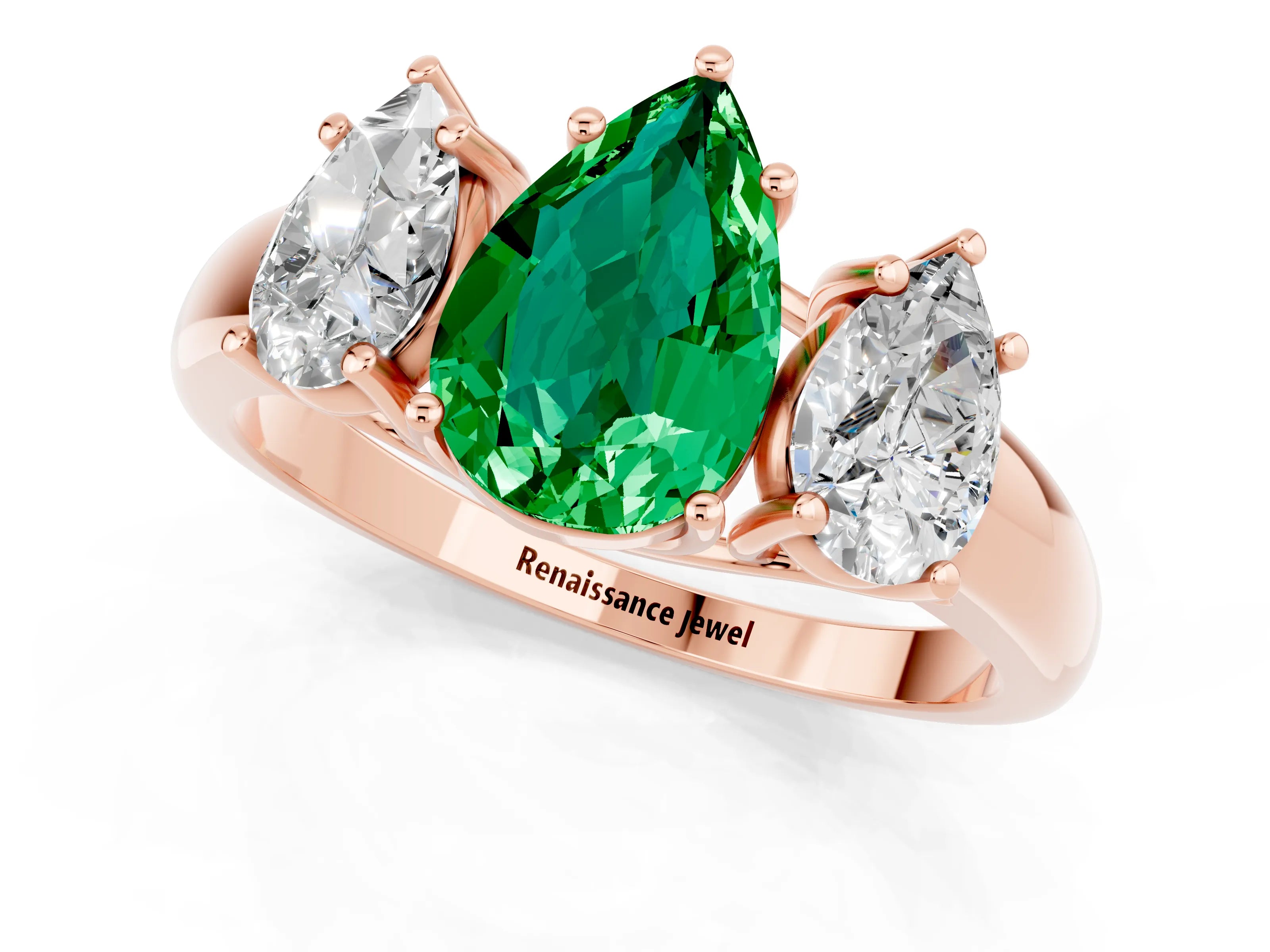 Rose gold Three-Stone Pear Cut Emerald Engagement Ring with Prong Setting_1