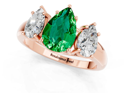 Rose gold Three-Stone Pear Cut Emerald Engagement Ring with Prong Setting_1