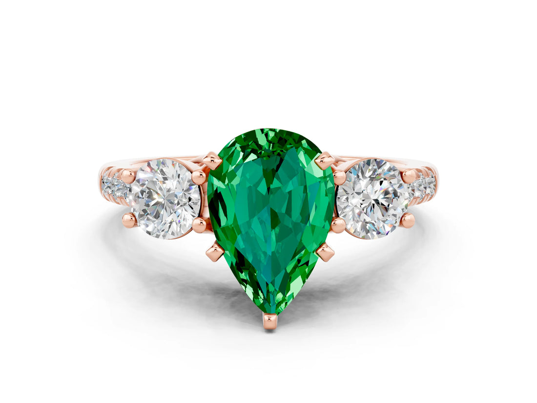 Rose gold Three-Stone Pear Cut Emerald Pavé Band with Four-Prong Setting
