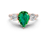 Rose gold Three-Stone Pear Cut Emerald Pavé Band with Four-Prong Setting