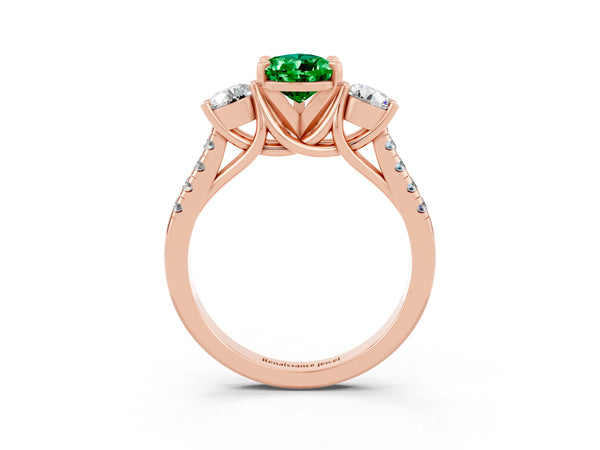 Rose gold Three-Stone Pear Cut Emerald Pavé Band with Four-Prong Setting