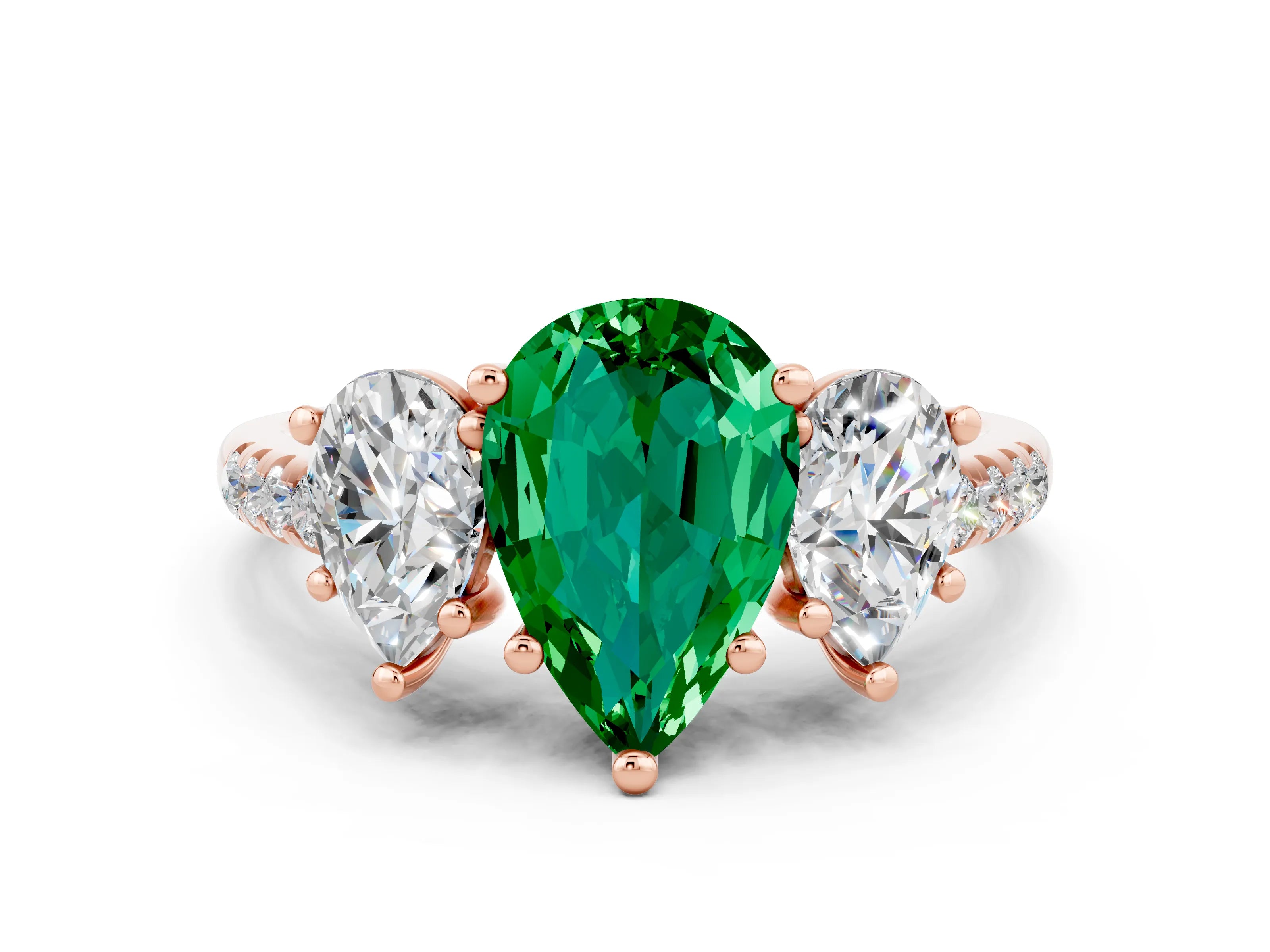 Rose gold Three-Stone Pear Cut Emerald Ring with Pavé Band and Prong Setting_12