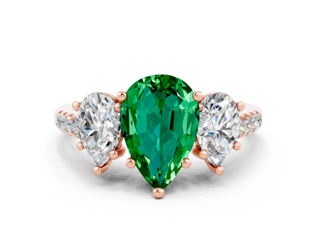 Rose gold Three-Stone Pear Cut Emerald Ring with Pavé Band and Prong Setting_12
