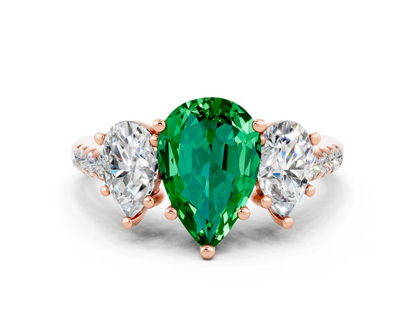 Rose gold Three-Stone Pear Cut Emerald Ring with Round  Pavé Band and Prong Setting