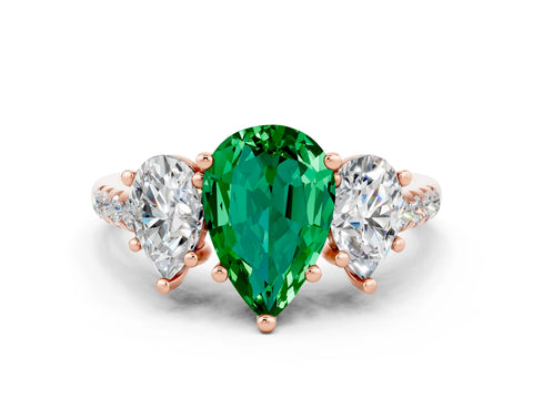 Rose gold Three-Stone Pear Cut Emerald Ring with Pavé Band and Prong Setting_12