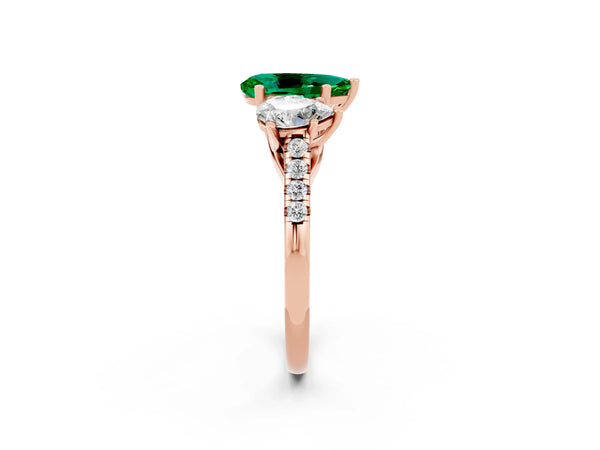 Rose gold Three-Stone Pear Cut Emerald Ring with Round  Pavé Band and Prong Setting
