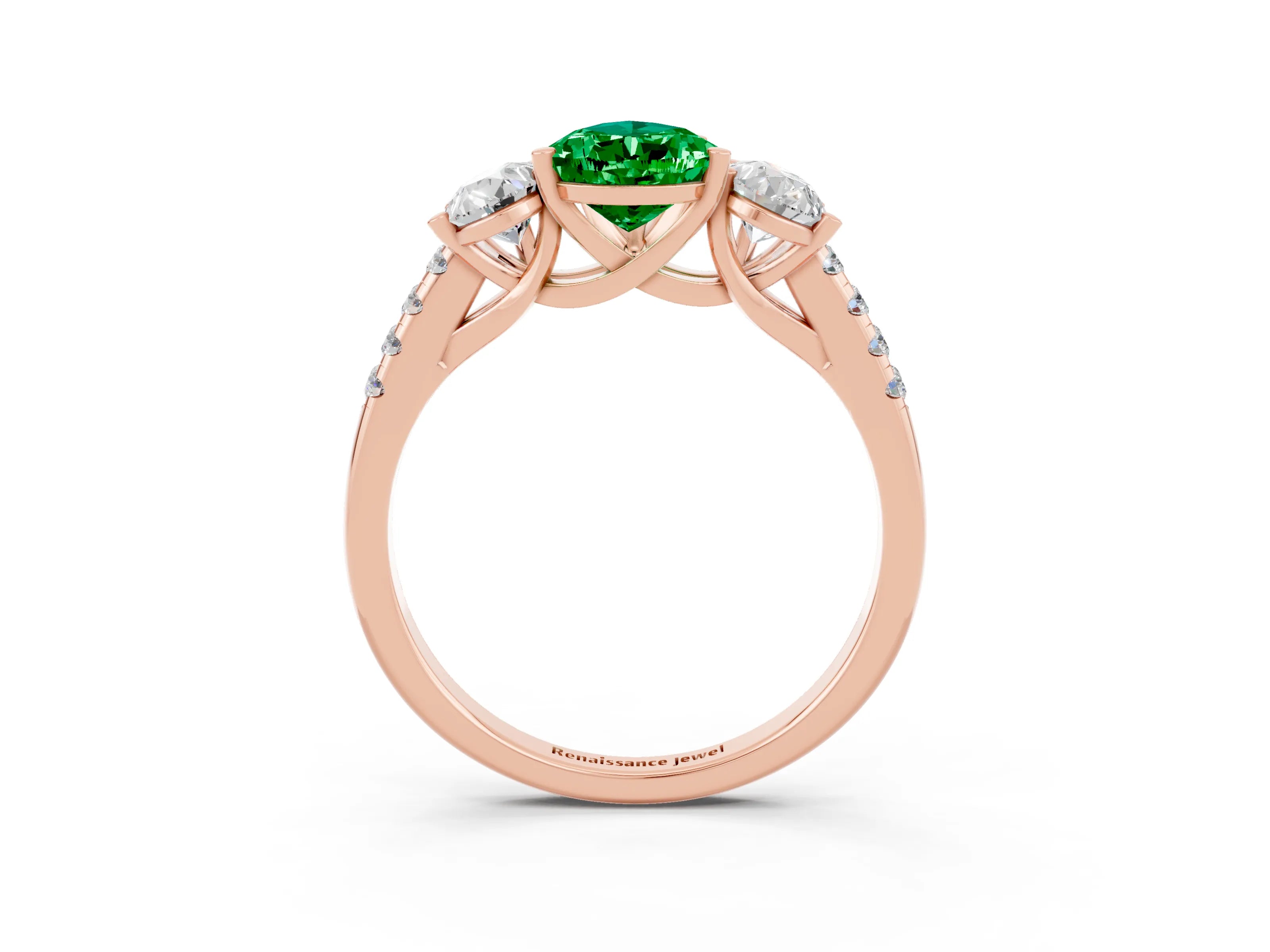 Rose gold Three-Stone Pear Cut Emerald Ring with Pavé Band and Prong Setting_15